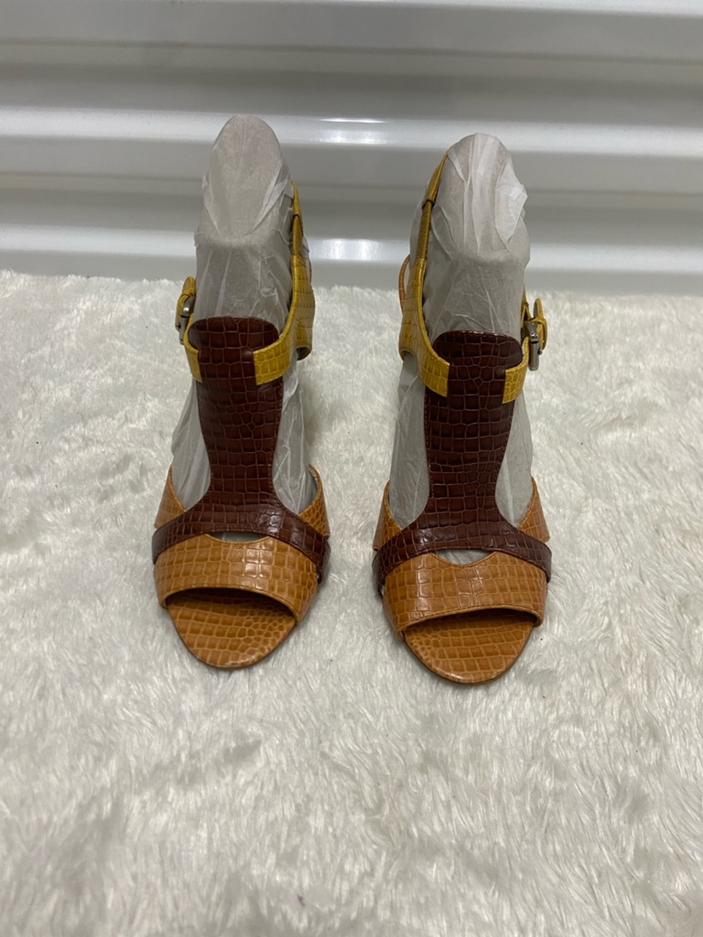 Nine West Brown, Tan & Yellow Croc-Embossed Slingback Heels
